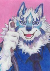  anthro canid canine facial_markings fur gesture hand_gesture head_markings lifewonders live_a_hero male mammal markings necktie sadayoshi solo suspenders thumbs_up toronoekaki traditional_media_(artwork) white_body white_fur 