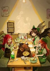  3girls :o :q bad_id bad_twitter_id beret bird_wings black_bow black_skirt black_vest bow braid brown_hair chopsticks collared_shirt commentary cup demon_wings dress eating english_text food green_bow green_dress green_eyes green_headwear griddle hairbow hat holding holding_plate hong_meiling koakuma light_bulb looking_at_another multiple_girls okonomiyaki one-hour_drawing_challenge piyo_(sqn2idm751) plate poster_(object) puffy_short_sleeves puffy_sleeves red_eyes red_hair reiuji_utsuho restaurant shirt short_sleeves skirt smoke table third_eye tongue tongue_out touhou tray vest white_shirt wings 