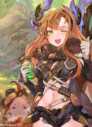  2girls black_shorts blush bottle breasts cloak crop_top dinosaur fif_(granblue_fantasy) fur-trimmed_cloak fur_trim gloves granblue_fantasy green_eyes hairband head_wings highres kiriyama2109 large_breasts long_hair looking_at_viewer midriff monster_hunter_(series) multiple_girls navel one_eye_closed open_mouth orange_hair parody red_hair short_shorts shorts sidelocks smile thumbs_up tweyen_(granblue_fantasy) tyrannosaurus_rex white_cloak white_gloves wings 