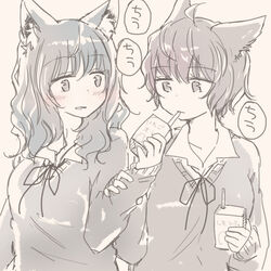  2girls ahoge animal_ears arm_at_side blush cat_ears cat_girl commentary_request food grey_eyes grey_hair grey_sweater holding holding_another&#039;s_arm holding_food inutose juice_box medium_hair multiple_girls original parted_lips shirt short_hair simple_background sweater translation_request uniform white_shirt 