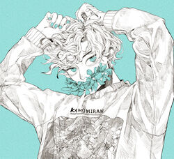  1boy arms_up blue_eyes blue_nails blue_theme commentary covered_mouth earrings highres jewelry kamomiland limited_palette long_sleeves looking_at_viewer male_focus original short_hair solo sweater upper_body 