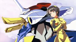  alternate_costume aqua_eyes bodysuit brown_hair clenched_hand female headgear highres holding_own_arm hololive horns interface_headset leaning_to_the_side looking_to_the_side mecha neon_genesis_evangelion oozora_subaru pilot_suit plugsuit robot science_fiction short_hair single_horn subangelion swept_bangs upper_body virtual_youtuber white_eyes yellow_bodysuit yoshitaro_tanaka 