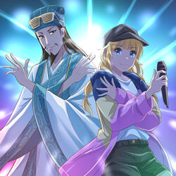  1boy absurdres beard black_hair black_headwear blonde_hair blue_eyes braid chinese_clothes ciki_ciki_bam_bam crossed_arms eyewear_on_head facial_hair female hanfu hat highres hip_hop holding holding_microphone jacket long_hair long_sleeves microphone moustache nikulas_cage paripi_koumei pose shorts smile tsukimi_eiko twin_braids wide_sleeves zhuge_kongming_(paripi_koumei) 