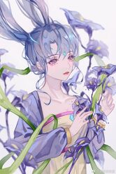  blue_flower blurry chinese_clothes chinese_commentary commentary duijin_ruqun female flower hair_between_eyes hair_ornament hanfu highres hongmao_and_lantu humanization lantu long_sleeves looking_to_the_side mailajihe original purple_eyes purple_flower purple_theme sidelocks solo white_background 