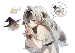  arknights bandaid bandaid_on_arm belt bird black_belt black_hair black_scarf chinese_commentary click_(arknights) click_(grave_thief)_(arknights) coin commentary_request crossed_bandaids dress female gradient_hair grey_hair hair_intakes hat highres long_hair looking_at_animal multicolored_hair oerba_yun_fang official_alternate_costume open_mouth orange_hair scarf simple_background snowsant_(arknights) snowsant_(fated_hero)_(arknights) solo songhua spoken_character streaked_hair upper_body weibo_watermark white_background white_dress witch_hat wristband 