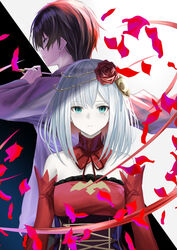  1boy asahina_takt bare_shoulders black_background blue_background blue_eyes closed_mouth commentary conductor_baton corset cosette_schneider cross-laced_clothes cross-laced_corset crown_of_thorns destiny_(takt_op.) detached_sleeves dress earrings female flower green_eyes hair_between_eyes hair_flower hair_ornament highres holding jewelry long_sleeves looking_at_viewer natsuki_(natukituki) pale_skin petals profile red_dress red_flower red_rose red_sleeves rose shirt strapless strapless_dress stud_earrings takt_op. two-tone_background white_background white_hair white_shirt 