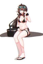  absurdres ahoge arm_scrunchie bikini black_bikini blue_eyes breasts brown_hair choker collarbone commission cooler eyewear_on_head feet female flip-flops full_body highres jonasmk large_breasts legs long_hair looking_to_the_side mole mole_on_body navel open_mouth original ponytail sandals simple_background sitting solo swimsuit termichan_(not-a-bot) thigh_strap toenails toes very_long_hair 