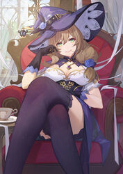  armchair black_gloves black_thighhighs blue_flower blue_rose breasts brown_hair capelet catsmoon chair chinese_commentary cleavage commentary crossed_legs cup female flower genshin_impact gloves green_eyes hair_between_eyes hair_flower hair_ornament hair_over_shoulder hat hat_flower head_tilt highres indoors large_breasts legs lisa_(genshin_impact) long_hair looking_at_viewer low-tied_long_hair photoshop_(medium) purple_capelet rose saucer short_sleeves sitting solo table teacup thighhighs underbust vision_(genshin_impact) wind window witch witch_hat 