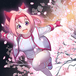  :d absurdres animal_ears ash_blossom_&amp;_joyous_spring bandaid bandaid_on_leg black_background blush bow breasts buruma cherry_blossoms commentary ear_bow ear_covers falling_petals female fingerless_gloves floating flower-shaped_pupils flower_in_eye gloves gym_uniform hair_between_eyes hair_intakes haru_urara_(umamusume) headband highres horse_ears horse_girl jacket kneehighs long_hair long_sleeves looking_to_the_side medium_breasts name_connection open_clothes open_jacket open_mouth outline outstretched_arms parody petals pink_eyes pink_gloves pink_hair ponytail red_buruma red_headband shirt shoes sidelocks smile socks solo striped_clothes striped_socks symbol-shaped_pupils symbol_in_eye teeth track_jacket tree umamusume upper_teeth_only white_footwear white_jacket white_shirt ybee yu-gi-oh! 