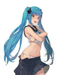  bad_id bad_pixiv_id black_ribbon black_sailor_collar black_skirt blue_eyes blue_hair clothes_pull female hair_ribbon highres looking_at_viewer navel open_mouth original panties photoshop_(medium) ribbon rk sailor_collar school_uniform serafuku simple_background skirt skirt_pull sleeveless solo teeth twintails underwear undressing white_background white_panties 