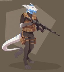  anthro blue_body camo camo_print clothing dark_clothing digitigrade fur gradient_fur gun hair lunalei magazine_(gun) male pouches ranged_weapon rifle sergal shadow simple_background solo stripes tail tail_tuft text topwear tuft url vest weapon white_body 