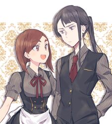  2girls alternate_costume apron black_dress black_eyes black_hair black_vest blunt_ends bob_cut brown_eyes brown_hair butler commentary dress dress_shirt eizouken_ni_wa_te_wo_dasu_na! enmaided female_butler freckles frown glaring grey_shirt hand_on_own_hip highres inverted_bob kanamori_sayaka long_sleeves looking_at_another maid mizusaki_tsubame multiple_girls neck_ribbon necktie open_mouth ponytail red_necktie red_ribbon reverse_trap ribbon shirt short_sleeves smile sorimachi-doufu striped_clothes striped_shirt swept_bangs vertical-striped_clothes vertical-striped_shirt vest waist_apron white_apron wing_collar 