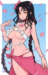  bead_bracelet beads bikini black_hair blush bracelet braid breasts cleavage commentary fate/grand_order fate_(series) female flower grin hacco_mayu highres jewelry long_hair looking_at_viewer multicolored_hair navel necklace pink_hair red_bikini sessyoin_kiara sessyoin_kiara_(swimsuit_mooncancer) sessyoin_kiara_(swimsuit_mooncancer)_(first_ascension) smile solo swimsuit tattoo twin_braids two-tone_hair very_long_hair white_bikini yellow_eyes 