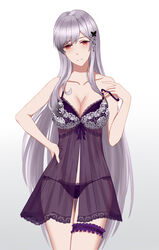  absurdres alternate_costume azur_lane bare_shoulders bra breasts butterfly_hair_ornament cleavage cowboy_shot dunkerque_(azur_lane) female frozen-sad hair_ornament highres lace-trimmed_bra lace-trimmed_panties lace_trim large_breasts light_purple_hair lingerie long_hair looking_at_viewer negligee nightgown panties purple_bra purple_panties red_eyes solo thigh_strap underwear very_long_hair 