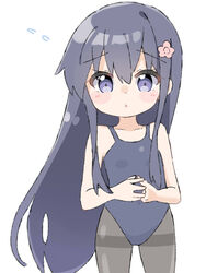  bare_arms bare_shoulders black_hair blue_eyes blue_one-piece_swimsuit blush_stickers collarbone commentary_request female flower flying_sweatdrops grey_pantyhose hair_between_eyes hair_flower hair_ornament highres kapuru_0410 long_hair looking_at_viewer one-piece_swimsuit own_hands_together pantyhose parted_lips pink_flower school_swimsuit shirosaki_hana simple_background solo swimsuit thighband_pantyhose very_long_hair watashi_ni_tenshi_ga_maiorita! white_background 