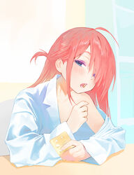  ahoge blue_eyes blush collared_shirt commentary eating english_commentary eyelashes female hair_over_one_eye highres hipa_(some1else45) leaning_forward long_hair long_sleeves looking_at_viewer mouth_hold no_bra off_shoulder original parted_bangs pill pink_hair shadow shirt sidelocks sitting solo some1else45 teeth upper_body white_shirt 