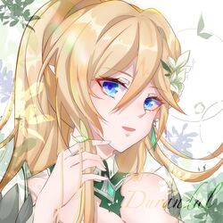  97552153 :d bianka_durandal_ataegina bianka_durandal_ataegina_(bright_knight:_excelsis) blonde_hair blue_eyes character_name female flower green_flower hair_between_eyes hair_flower hair_ornament highres honkai_(series) honkai_impact_3rd long_hair looking_at_viewer open_mouth pointy_ears ponytail portrait smile solo 