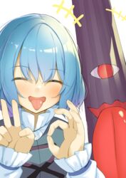  +++ bad_id bad_pixiv_id blue_hair blue_vest blush closed_eyes eyes_visible_through_hair female karakasa_obake long_sleeves piyodesu purple_umbrella shirt short_hair simple_background smile tatara_kogasa tongue tongue_out touhou umbrella upper_body vest white_background white_shirt 