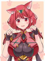  absurdres animal_ears black_gloves breasts cat_ears chest_jewel earrings female fingerless_gloves gloves highres jewelry kurokaze_no_sora large_breasts pyra_(xenoblade) red_eyes red_hair short_hair solo swept_bangs tiara xenoblade_chronicles_(series) xenoblade_chronicles_2 