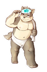  1boy absurdres animal_ears arange_(youhei79384157) bara brown_eyes brown_fur chinese_commentary closed_mouth commentary dog_boy dog_ears dog_tail full_body furry furry_male hand_fan hatching_(texture) highres holding holding_fan holding_towel large_pectorals linear_hatching male_focus moritaka_(housamo) muscular muscular_male nipples official_alternate_costume pectorals plump scar scar_on_face sharp_toenails simple_background smile solo tail thick_eyebrows toenails tokyo_afterschool_summoners topless_male towel towel_around_waist walking white_background 