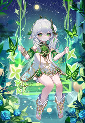  artist_name bare_legs blue_flower blue_rose commentary commentary_request dress female flower genshin_impact green_eyes hair_between_eyes highres long_hair looking_at_viewer nahida_(genshin_impact) pointy_ears rose sheya side_ponytail signature smile solo swing white_dress white_footwear white_hair 