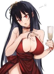  ahoge azur_lane bad_id bad_pixiv_id bare_arms black_hair blush breasts champagne_flute choker cleavage cocktail_dress cup dress drinking_glass female hair_between_eyes halterneck head_tilt highres holding holding_cup huge_breasts long_hair looking_at_viewer official_alternate_costume open_mouth red_choker red_dress red_eyes side_slit sidelocks simple_background solo suminagashi taihou_(azur_lane) taihou_(forbidden_feast)_(azur_lane) white_background 