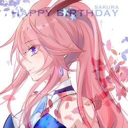  97552153 animal_ears blue_dress character_name closed_mouth dress earrings female fox_ears hair_between_eyes happy_birthday highres honkai_(series) honkai_impact_3rd jewelry long_hair looking_at_viewer pink_hair ponytail purple_eyes sleeveless sleeveless_dress smile solo white_background yae_sakura yae_sakura_(goushinnso_memento) 