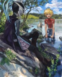  2boys :d animal_skull bad_drawr_id bad_id black_hair blonde_hair blue_eyes cape day from_behind hidden_face judas_(tales) kyle_dunamis looking_at_another male_focus mask multiple_boys nature nishihara_isao oekaki open_mouth outdoors partially_undressed red_shirt shirt short_hair sitting skull_on_head sky smile tales_of_(series) tales_of_destiny_2 translation_request wading water 