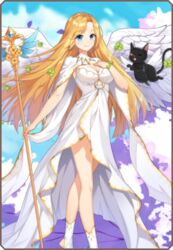  animal artist_request black_cat black_cat_(elona) blonde_hair blue_eyes blue_sky border bracelet breast_suppress breasts cape cape_hold clover crack cracked_floor dress ehekatl_of_luck elona elona_mobile feathered_wings feet_out_of_frame feline female flying hand_up holding holding_staff jewelry long_hair looking_at_viewer lowres no_shoes official_art one_eye_closed sky smile socks solo_focus staff standing very_long_hair white_cape white_dress white_wings wings 