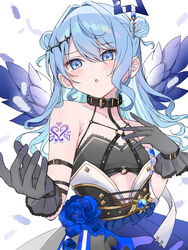  amane_kanata amane_kanata_(another_world) amane_kanata_(cosplay) angel_wings blue_hair blue_wings commentary_request cosplay dress female halo highres hololive hoshimachi_suisei kohaku_(csacu) long_hair shoulder_tattoo solo star_halo tattoo virtual_youtuber wings 