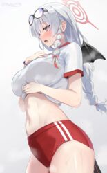  absurdres bat_wings blue_archive blush braid braided_ponytail breasts buruma eyewear_on_head female gradient_background grey_background gym_uniform halo haruna_(blue_archive) haruna_(track)_(blue_archive) highres large_breasts long_hair michinoku_(michino934) midriff navel official_alternate_costume open_mouth outdoors red_buruma red_eyes short_sleeves single_braid solo steaming_body stomach sunglasses sweat thighs twitter_username white_hair wings 