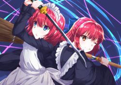  2girls 966982 black_dress black_kimono blue_bow blue_eyes bow brown_eyes dress hairbow highres hisui_(tsukihime) holding holding_sheath holding_sword holding_weapon japanese_clothes katana kimono kohaku_(tsukihime) maid maid_headdress medium_hair melty_blood mixed_maids multiple_girls one_eye_closed pink_hair scabbard sheath siblings sword tsukihime twins unsheathing wa_maid weapon wide_sleeves 