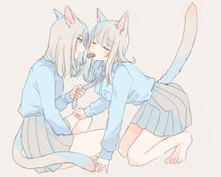  2girls animal_ears barefoot blue_shirt blush candy cat_ears cat_girl cat_tail chocolate chocolate_bar closed_eyes collared_shirt commentary_request food food_in_mouth grey_hair grey_necktie grey_skirt indian_style inutose kneeling long_hair long_sleeves multiple_girls necktie necktie_grab neckwear_grab original pulling_another&#039;s_clothes shirt simple_background sitting skirt tail yuri 