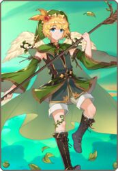  1boy androgynous artist_request black_footwear blonde_hair blue_eyes boots border cape capelet cross-laced_footwear detached_sleeves elona elona_mobile falling_leaves feathered_wings feet_out_of_frame flying foot_up green_cape green_capelet green_hat green_shorts green_theme hair_ornament hand_up hat holding holding_weapon jester_cap knee_boots kneehighs kumiromi_of_harvest lace-up_boots leaf leaf_hair_ornament looking_at_viewer lowres male_focus official_art plant short_hair shorts socks solo standing vines weapon white_wings wide_sleeves wings 