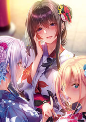  3girls ayase_chiaki ayase_kaya ayase_touka_(piromizu) blonde_hair blue_eyes blurry blurry_background blush brown_hair depth_of_field fingernails floral_print flower from_behind hair_flower hair_ornament hand_up head_tilt highres japanese_clothes kimono long_hair looking_at_viewer multiple_girls nail_polish open_mouth outdoors parted_lips piromizu pointing purple_hair purple_kimono red_nails sideways_glance sistart! smile yellow_eyes yukata 