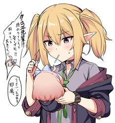  anger_vein black_coat blonde_hair blush bow_hairband breasts chieru_(princess_connect!) chloe_(princess_connect!) choker coat collared_shirt commentary elf female green_necktie hairband holding horosuke long_hair mouth_hold necktie needle pointy_ears princess_connect! purple_eyes school_uniform shirt small_breasts speech_bubble st._theresa&#039;s_girls_academy_school_uniform stitching stuffed_toy translated upper_body 