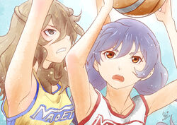  2girls aqua_background armpits arms_up artist_name ball basketball basketball_(object) basketball_uniform brown_eyes brown_hair clenched_teeth close-up collarbone commentary dated gradient_background grimace hair_between_eyes hair_over_one_eye hanamonogatari hands_up holding holding_ball huumoon jersey kanbaru_suruga long_hair looking_afar looking_at_object low_twintails medium_hair monogatari_(series) multiple_girls numachi_rouka open_mouth playing_sports purple_hair signature slit_pupils sportswear tank_top teeth thick_eyebrows twintails v-shaped_eyebrows wavy_hair white_tank_top yellow_tank_top 