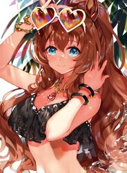  adjusting_eyewear animal_ears aqua_eyes arm_up bikini black_bikini breasts brown_hair cleavage commentary eyewear_on_head female frilled_bikini frills hand_in_own_hair heart heart-shaped_eyewear highres horse_ears jewelry leaf long_hair looking_at_viewer maruzensky_(blasting_off_summer_night)_(umamusume) maruzensky_(umamusume) medium_breasts official_alternate_costume pendant ponytail smile solo sunglasses swimsuit umamusume upper_body water wristband yellow_nails yoshida_(ne) 