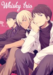  3boys akai_shuuichi amuro_tooru beanie black_hair black_hat black_jacket black_shirt blue_eyes brown_hair brown_pants cigarette closed_mouth collared_shirt commentary_request dark-skinned_male dark_skin english_text feet_out_of_frame grey_pants hand_on_own_chin hand_up hat head_rest jacket long_sleeves looking_at_viewer male_focus mashima_shima meitantei_conan mouth_hold multiple_boys open_clothes open_jacket pants pink_background scotch_(meitantei_conan) shirt short_hair simple_background sitting smile smoke smoking twitter_username vest white_jacket 