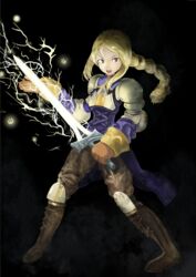  agrias_oaks armor black_background blonde_hair boots braid brown_footwear brown_gloves female final_fantasy final_fantasy_tactics full_body gloves highres holding holding_weapon lightning long_hair looking_at_viewer pennginntorio shadow shoulder_armor single_braid smile solo sword weapon 