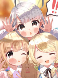  ! !! 3girls :d ^_^ absurdres against_glass black_ribbon blonde_hair blue_dress blurry blurry_background blurry_foreground blush brown_eyes brown_hair closed_eyes collared_dress commentary_request crane_game depth_of_field dress facing_viewer flower futaba_anzu green_flower hair_flower hair_ornament hair_over_shoulder highres hisakawa_nagi idolmaster idolmaster_cinderella_girls jacket long_sleeves looking_at_viewer low_twintails multiple_girls neck_ribbon one_eye_closed open_mouth pink_jacket plaid plaid_dress purple_shirt red_flower ribbon shirt smile sparkling_eyes spoken_exclamation_mark twintails yata_(yatao_zzz) yusa_kozue 