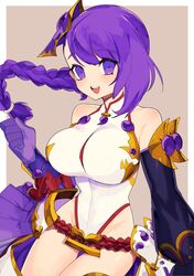  :d bare_shoulders belt bracer braid breasts clenched_hand detached_sleeves female gloves hacco_mayu highres kamimusubi_(p&amp;d) leotard long_hair looking_at_viewer open_mouth pleated_skirt purple_eyes purple_gloves purple_hair puzzle_&amp;_dragons skirt smile solo teeth 