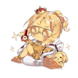  2girls :d artist_request blonde_hair blush blush_stickers cape chain_necklace chains chibi cognac crossed_legs crown curly_hair fairy_(girls&#039;_frontline) full_body fur-trimmed_cape fur_trim girls&#039;_frontline gold_bar gold_chain gold_dress gold_skin golden_fairy_(girls&#039;_frontline) grin holding holding_money jacket jewelry long_sleeves looking_at_viewer lying mini_crown money money_bag multiple_girls necklace no_socks object_request official_art open_mouth parted_bangs pleated_skirt ponytail raised_eyebrow red_cape rich short_hair simple_background skirt slippers smile sparkle sunglasses third-party_source tinted_eyewear transparent_background white_bag yellow-framed_eyewear zipper 