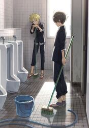  2boys bathroom black_hair black_jacket black_pants blonde_hair bucket closed_mouth ear_piercing gakuran green_eyes hair_between_eyes holding hose indoors jacket male_focus mop multiple_boys original pants piercing pillow_(nutsfool) restroom school_uniform shoes sleeves_rolled_up socks standing tile_floor tile_wall tiles toilet_stall urinal uwabaki window 