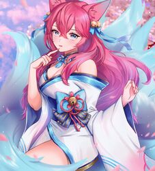  absurdres ahri_(league_of_legends) animal_ear_fluff animal_ears bell blue_bow blue_collar blue_eyes blue_tail bow breasts cherry_blossoms cleavage collar crossed_bangs detached_collar ella_7737 facial_mark female fingernails fox_ears fox_girl fox_tail hair_bell hair_ornament hairbow highres japanese_clothes kimono kitsune kyuubi large_breasts league_of_legends low_neckline multiple_tails pink_hair pink_nails sharp_fingernails solo spirit_blossom_ahri striped striped_bow tail whisker_markings white_kimono 