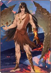  1boy :d abs arm_at_side armlet artist_request bare_shoulders barefoot black_hair blindfold border brown_robe brown_wings covered_eyes elona elona_mobile facing_viewer floating geokinesis jewelry laughing lava levitation long_hair lowres male_focus mountain navel necklace official_art opatos_of_earth open_mouth pectorals robe rock smile solo standing very_long_hair wings 