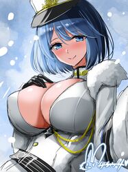  absurdres azur_lane black_gloves blue_eyes blue_hair blush breasts buttons chapayev_(azur_lane) cleavage cleavage_cutout closed_mouth clothing_cutout coat collarbone female fur-trimmed_coat fur_trim gloves hair_between_eyes hand_on_own_chest hat highres hisin huge_breasts jacket large_breasts long_sleeves looking_at_viewer military military_hat military_uniform mole open_clothes peaked_cap short_hair smile snow snowing solo uniform upper_body white_coat white_gloves white_hat white_jacket winter_clothes 