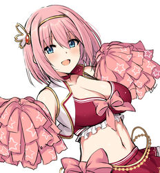  blue_eyes blush breasts cheerleader cleavage cropped_vest female hairband holding holding_pom_poms horosuke large_breasts looking_at_viewer midriff navel open_clothes open_mouth open_vest pink_hair pom_pom_(cheerleading) princess_connect! red_skirt red_sports_bra short_hair skirt smile solo sports_bra vest white_vest yui_(princess_connect!) 