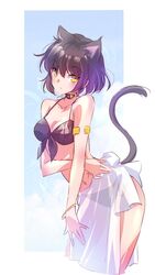  animal_ears armlet bare_shoulders bikini black_bikini black_hair black_tail blake_belladonna bracelet cat_ears cat_girl cat_tail female highres iesupa jewelry looking_at_viewer midriff navel print_bikini rwby sarong see-through see-through_sarong short_hair solo swimsuit tail tail_raised white_background yellow_eyes 