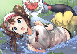  absurdres black_pantyhose blue_eyes bow breasts brown_hair commentary_request double_bun empty_eyes female hair_bun highres long_hair lying magikarp mind_control on_side open_mouth pantyhose pantyhose_under_shorts pink_bow pokemon pokemon_bw2 puddle raglan_sleeves rimu_(close_rim_open) rosa_(pokemon) shoes shorts sneakers solo splashing teeth thought_bubble tongue upper_teeth_only visor_cap wet wet_clothes yellow_shorts 